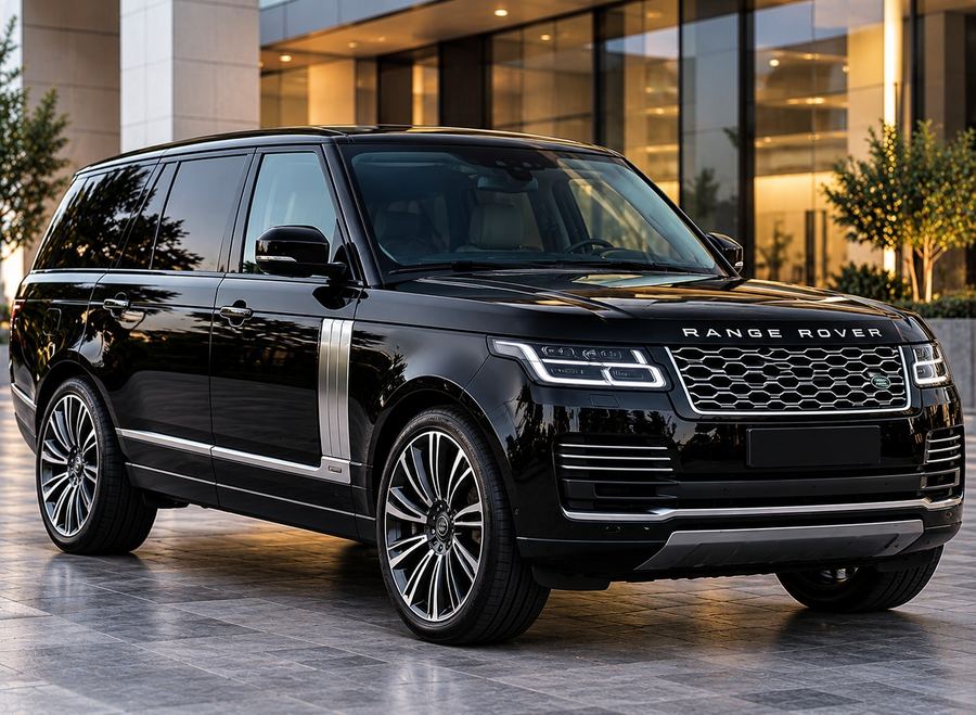 Black luxury SUV parked outside a modern building
